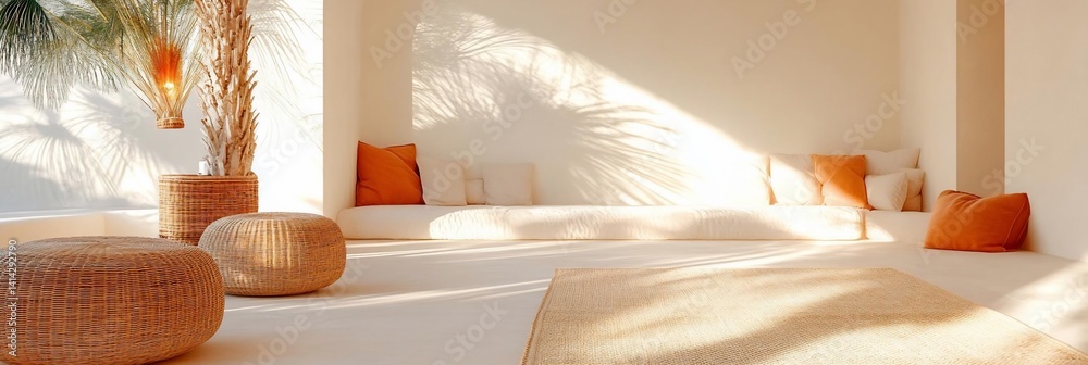 Aufkleber A sunlit interior features a neutral color palette with textures from a woven rug and cushions creating a serene ambiance. Natural light streams through a window casting shadows across the space