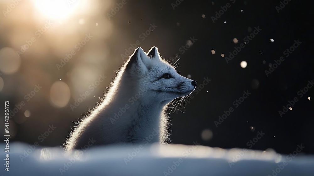 Aufkleber A profile view of an animal in a snowy landscape with backlight and bokeh effects. The animal is light-colored, against a dark background