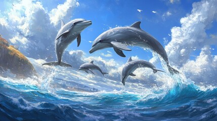Fototapeta premium Four dolphins are jumping out of the ocean water happily