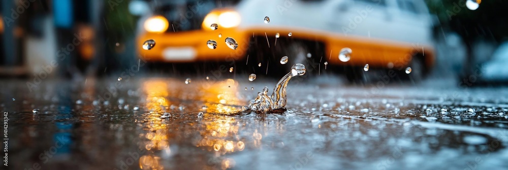 Aufkleber close-up shot of water droplets splashing on asphalt during a rainstorm with blurred yellow and whit