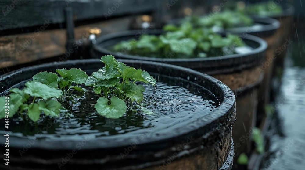 Poster Raindrops falling on wooden containers filled with water and green plants creating a tranquil and natural scene with shallow depth of field and soft focus
