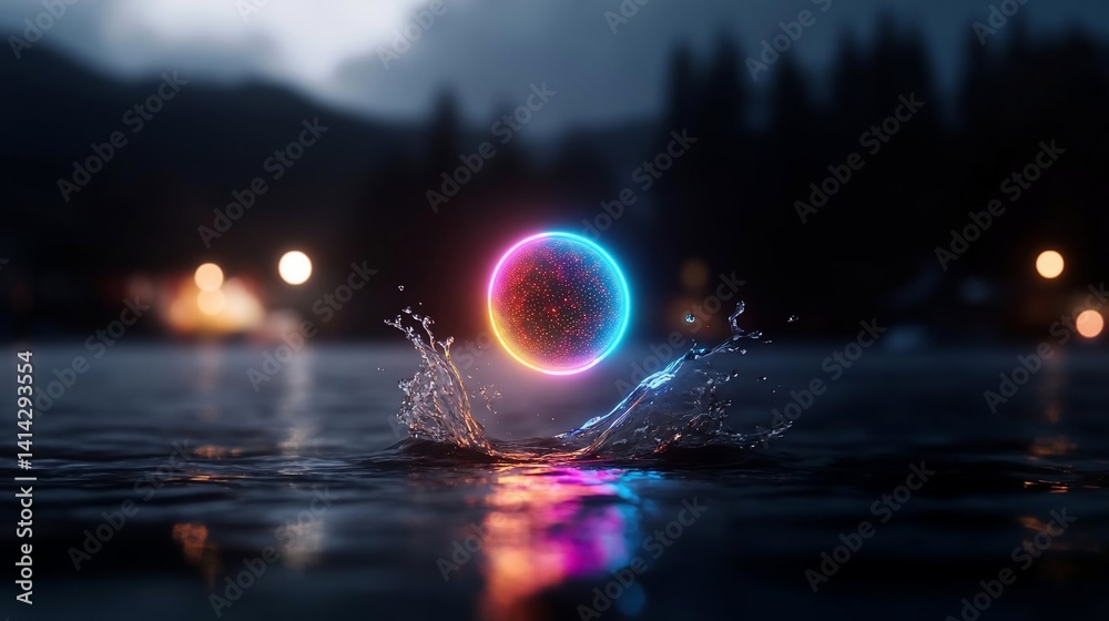 Poster A glowing sphere floats above water, generating colorful splashes in a nighttime setting. The sphere radiates vibrant colors, surrounded by water droplets with a blurred background of trees and