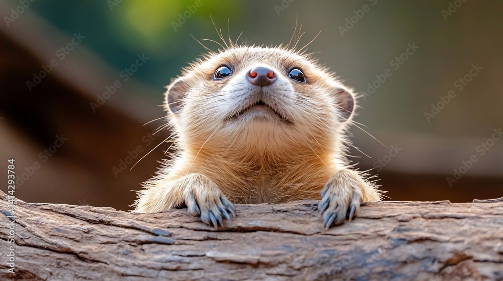 Poster close-up portrait of an adorable animal looking upwards with a curious expression against a blurred 