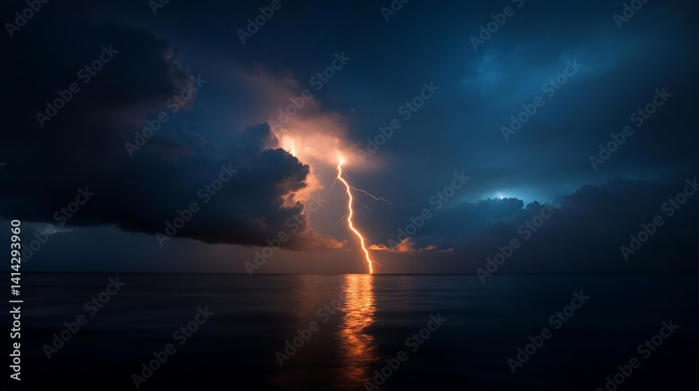 Poster dramatic lightning strikes over calm ocean waters creating vibrant reflections. dark storm clouds co