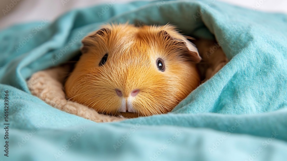 Poster close-up of a rodent nestled in a blue blanket with soft bedding. the rodent has a reddish-brown coa