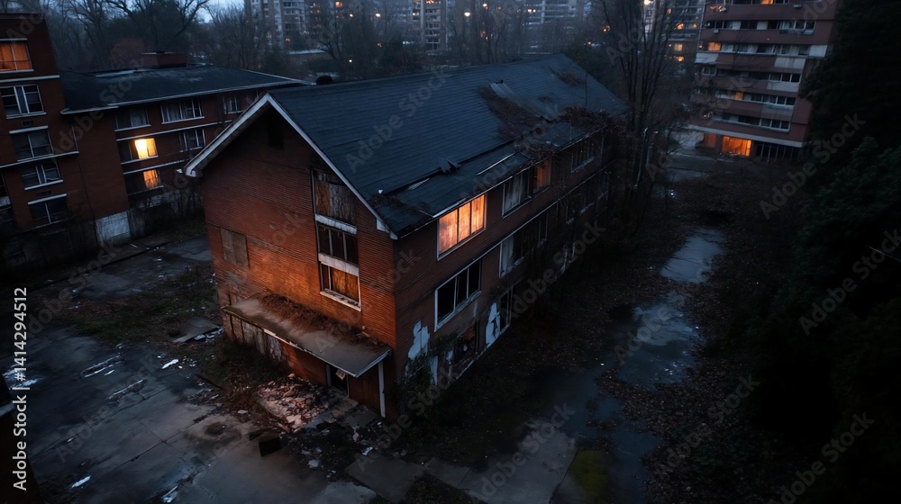 Aufkleber An aerial view reveals a weathered brick building with illuminated windows amidst a residential area in fading light. Autumnal leaves cover the ground creating a somber atmosphere