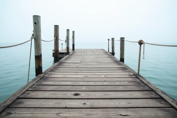 Naklejka premium Wooden pier extending over tranquil water on a misty day, offering a serene and peaceful view of the horizon.