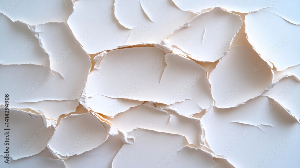 Poster Close up of torn white paper pieces arranged against a pale background creating an abstract textured pattern