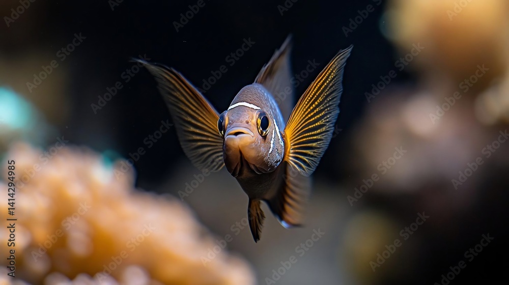 Aufkleber Close-up view of a fish with extended fins facing the camera against a dark background with blurred coral and aquatic plants in an aquarium