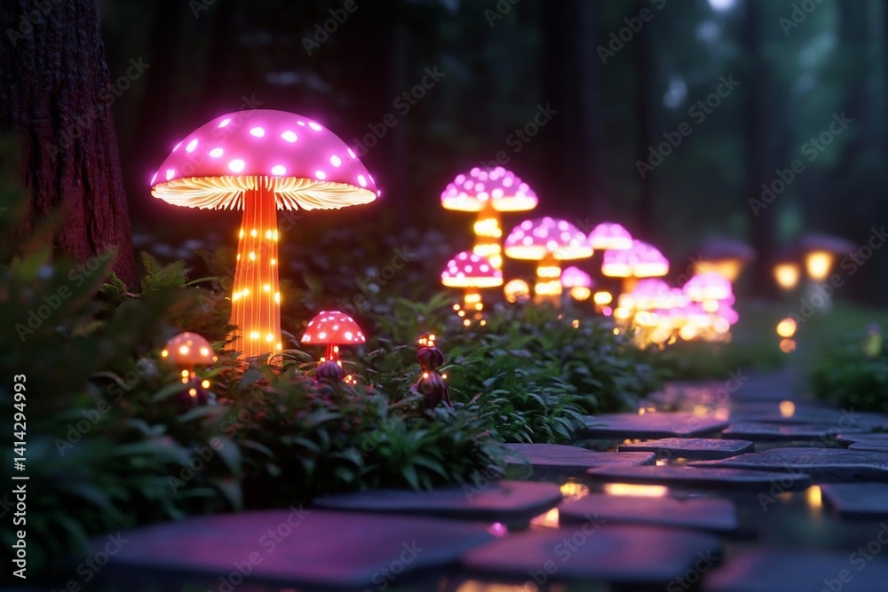 Poster Enchanting forest scene with glowing mushroom pathway illuminated by soft light. Stone path meanders through vibrant foliage and trees creating magical ambiance with a dreamlike aesthetic