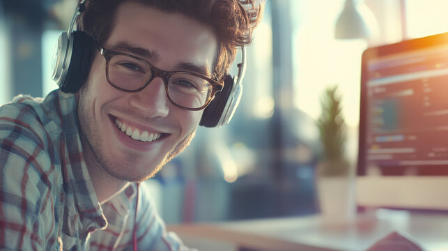 Young tech-savvy man in smart casual attire, glasses and headphones on