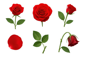 Red roses in various stages and parts, including buds, leaves, petals Ideal for romantic floral themes