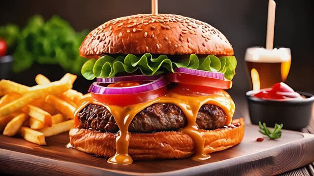 A Delicious large Grilled Beef meat Burger Video Design