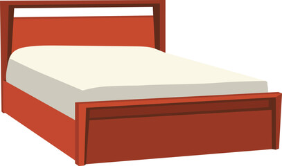 Red wooden bed frame vector with off-white mattress – classic bedroom furniture illustration, rustic home decor, flat design sleeping bed clipart, cozy wood bed isolated on white background.