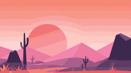 Sunset over desert landscape with cacti and mountains in vibrant colors flat vector illustration
