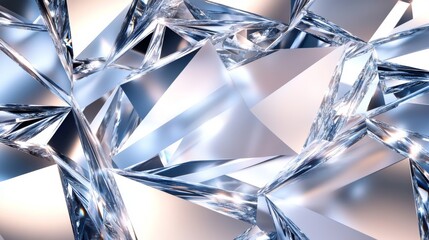Modern abstract background of interlocking crystal formations, multi-layered geometric planes creating dimensional depth, sleek metallic surface with glass-like transparency, sharp angular cuts