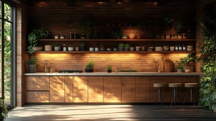 Rustic Kitchen Design: Warm Wooden Cabinets and Brick Walls