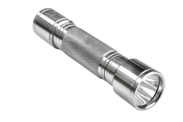 A sleek aluminum flashlight shining brightly on a clean white surface during the late night hours isolated on transparent background