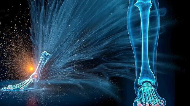 Femur, bone fracture, injury healing. Recovery process. Bones splinter under strong impact. Repair cells stimulate regeneration. Healing time affects mobility.