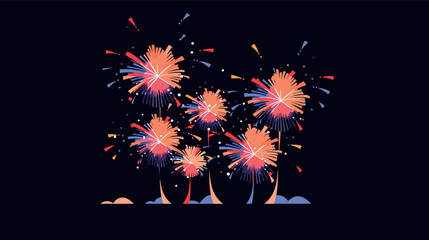 Colorful fireworks display against night sky flat vector illustration