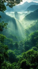 Sunlight streams through a lush green forest revealing mountain landscapes