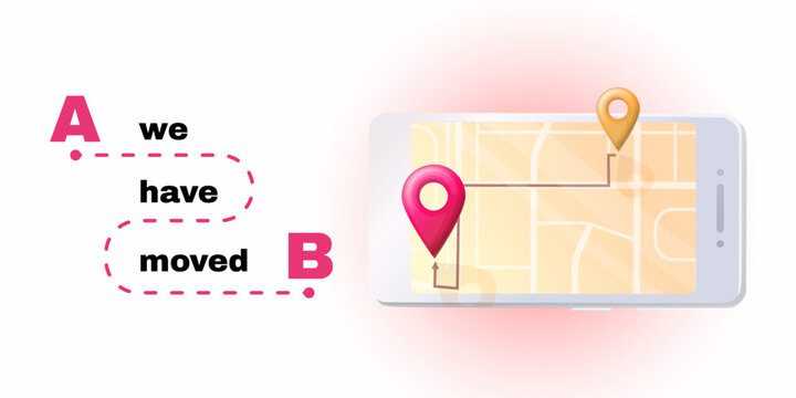 Flat vector illustration showing relocation notice with path from A to B and map on smartphone screen. Business announcement or template design. Stock vector illustration in flat style.