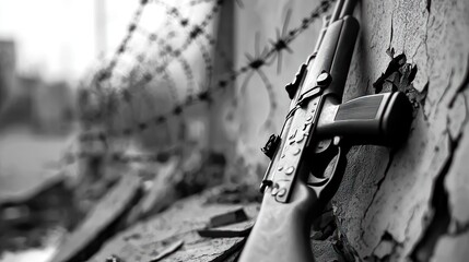 Military weapon rests against a weathered wall behind barbed wire