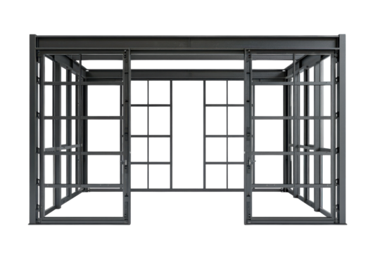 Stylish modern glass house structure showcasing minimalistic design and open spaces isolated on transparent background