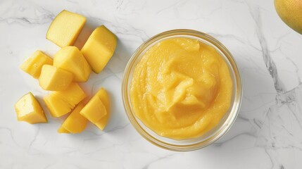 Fresh mango puree and cubes for baby food
