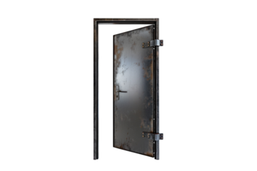 A weathered black door opens in a minimalist white corridor, sparking curiosity and wonder isolated on transparent background