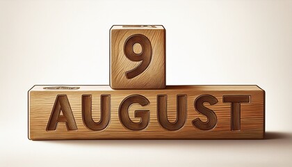 Illustration of wooden blocks with date 9 August. Day and month, simple calendar