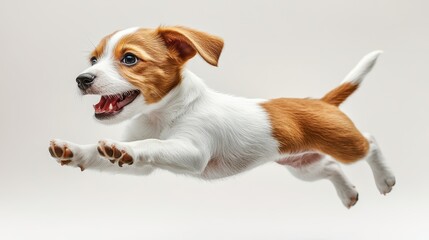 Energetic jack russell terrier puppy leaping playfully against white background