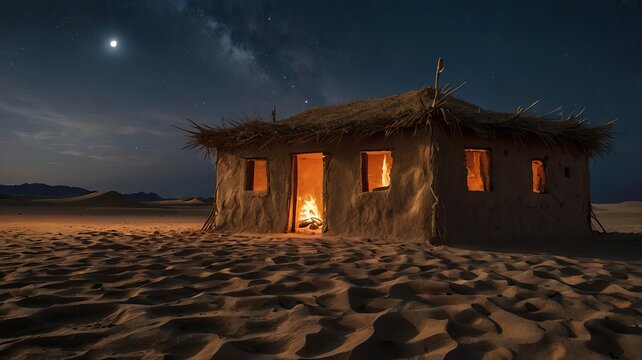 A tranquil night scene featuring a rustic mud house glowing warmly under the starry desert sky.