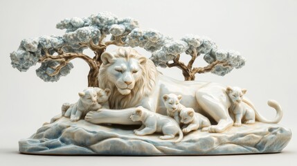 Fototapeta premium Lion figurine with cubs under a tree on a textured base.