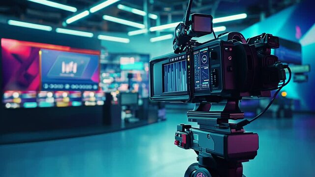 Professional video camera recording live esports tournament in modern studio