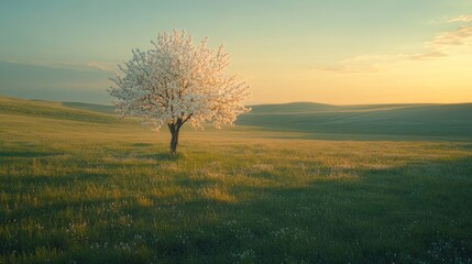 Fototapeta premium Blooming tree in meadow at sunrise