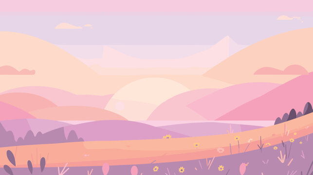 Pastel sunset over rolling hills with soft clouds and gentle lighting flat vector illustration