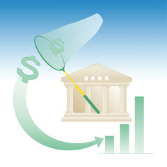 Financial concept illustration featuring a bank building, dollar signs, a net catching money, and a rising bar graph, symbolizing income growth, investment, and financial achievement.