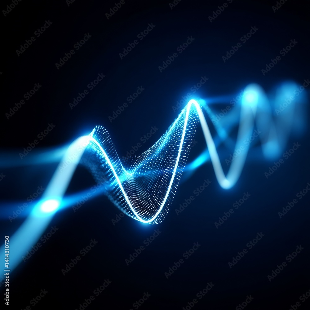 Poster Abstract Wavy Digital Data Stream: A mesmerizing display of blue light and particles forming a dynamic waveform in the darkness.