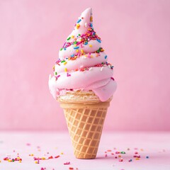 A delicious pink ice cream cone topped with colorful sprinkles, set against a soft pink background, evoking a sense of joy and indulgence perfect for dessert-themed promotions