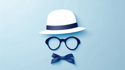 Happy father's day concept. Stylized illustration of a hat, glasses, and bowtie on a blue background.
