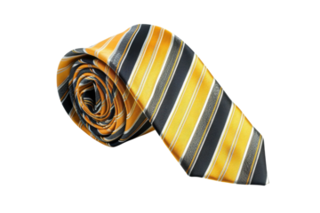 Elegant striped tie in vibrant hues of gold and black, perfect for formal occasions isolated on transparent background