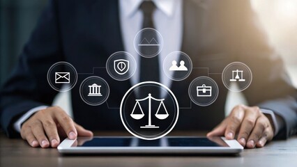 A professional individual interacts with a tablet, surrounded by icons representing legal concepts and communication, emphasizing technology in law.