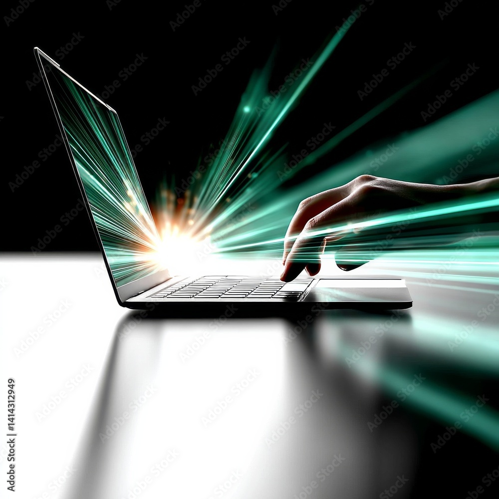 Aufkleber Unleashing Digital Power: A Hand Typing on a Laptop with Trails of Light Representing Speed, Connectivity, and the Future of Technology