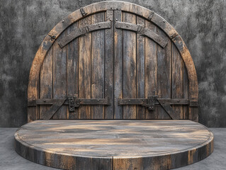 Fototapeta premium Vintage blank podium of Rustic wooden podium with arched vintage door backdrop for product display for product mockup