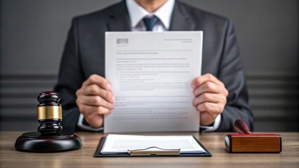 A man in a suit holds a document, flanked by a gavel and stamp, symbolizing legal proceedings or official business.