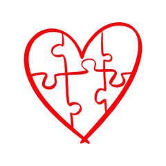 Red heart shape made entirely of puzzle pieces in a hand-drawn style on a white background, symbolizing love, connection, and unity