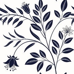 Fototapeta premium Elegant Navy Blue Floral Branch Pattern Botanical Design for Fabric Textile Wallpaper