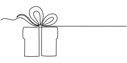 Gift box one line drawing. Continuous one line gift box. Presents with ribbon bow. Hand drawn greeting present box. Line art surprise. Gift boxes stack, Gift Box continuous line drawing with. 