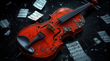 Naklejka premium Damaged violin on dark surface with scattered sheet music
